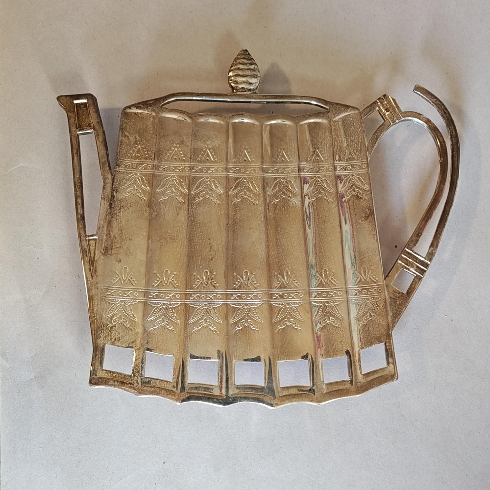 Vintage Godinger Silver 1992 Teapot‎ Trivet Book Motif Silverplate Kitchen Decor